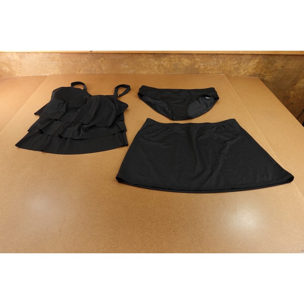 Susan Graver Womens 16 Black 3 Piece Soleil Tiered Tankini Skirt & Brief Set New
